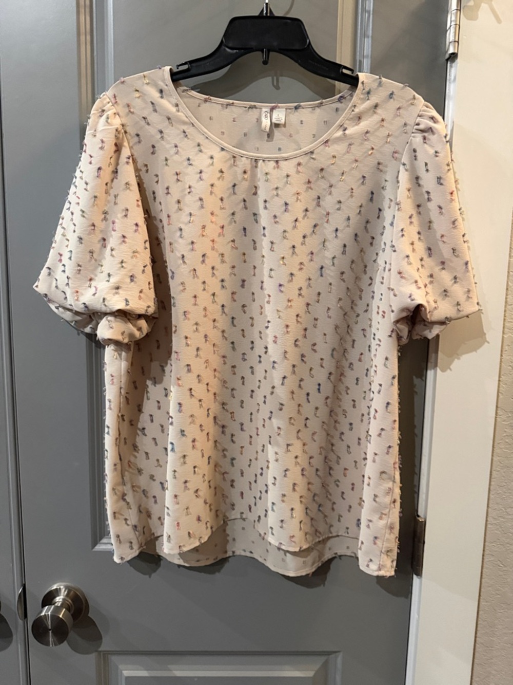 Cato Cream Short Puff-Sleeve Blouse with Tiny Multi-Color Floral Print